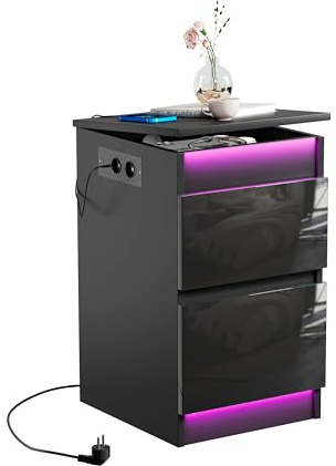 Table de Chevet avec Prise Électrique, Table de Nuit LED RGB Noir avec 2 Tiroirs Brillants et Couvercle Rabattable, 2 Prises CA, 2 Ports USB Table d'Appoint pour Chambre à Coucher Salon, 35 cm Large