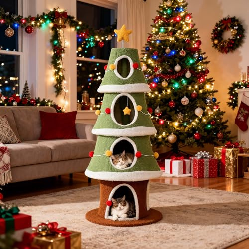 SOARS Árbol rascador de Navidad, 154 cm, con 4 cuevas, rascador, bolas colgantes, árbol de Navidad, árbol de Navidad para gatos