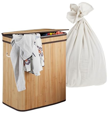 Relaxdays Tvättkorg med lock, 2 fack, bambu, 100 l, vikbar, H x B x D: 60 x 52 x 32 cm, tvättsorteringssystem, natur