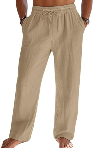 Litthing Mens Linen Trousers Cotton Lightweight Summer Trousers Loose Fit | Casual Yoga Pants Elasticated Waist Drawstring, with Side & Back Pockets for Holiday Beach Daily