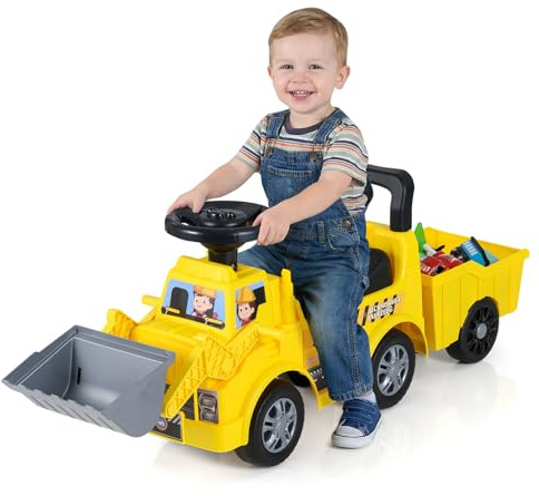 COSTWAY Jouet Bulldozer Porteur Enfant avec Pelle Réglable et Remorque Amovible, Pelleteuse Excavatrice Enfant avec Klaxon et Musique, Volant, Espace Caché, Tractopelle pour 18 Mois+ (95x23x37,5 cm)