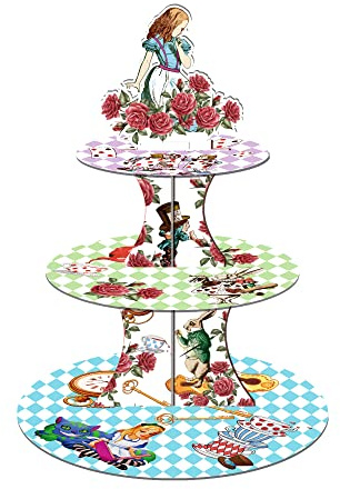 CC HOME Alice nel paese delle meraviglie a 3 piani - Torre per cupcake e dessert in cartone per tea party, compleanno e matrimonio