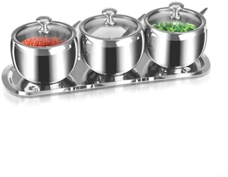 Set di 3 zuccheriere in acciaio inox con cucchiaio e vassoio, contenitori per condimenti da 300 ml con coperchio in vetro, per cucina, bar o sala da pranzo (tre)