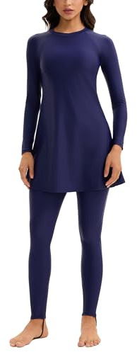 OBEEII Muslimische Bademode Damen Islamische Burkini Volllänge Badeanzug Langarm Schwimmen Top Hosen Hijab 3tlg Bescheiden Schwimmanzug Marineblau L