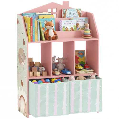 AIYAPLAY Kinderregal 2 Stoffschubladen für 3-8 Jahre 62,5x30x91,5 cm Rosa | Bücherregal Kinder, Offen Regal, Spielzeugregal, Kinderzimmerregal für Spielzeug Bücher, Spielzimmer Kinderzimmer