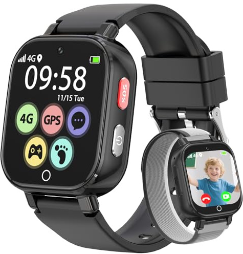Alutoria Smartwatch für Kinder-Uhr mit GPS und Telefon 4G Videoanrufen | Sprachchat Schrittzähler Kamera SOS Schulmodus Wecker–Uhr für Jungen und Mädchenvon 4–12 Jahren Geschenk Schwarz