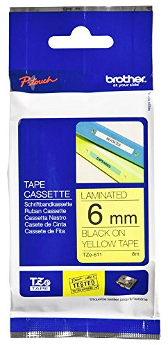 Brother Original P-touch Schriftband TZe-611 6 mm, schwarz auf gelb (kompatibel u.a. mit Brother P-touch PT-H100LB/R, -H105, -E100/VP, -D200/BW/VP, -D210/VP)