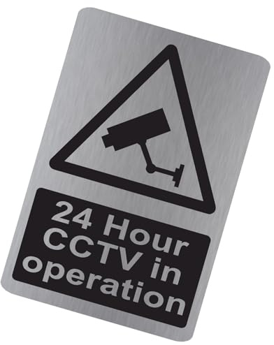 METAL 24 Hour CCTV In Operation Sign Brushed Silver Aluminium WITH IMAGE Warning Camera Recording Door Notice Office Shop Warehouse School Cafe Restaurant Pub Business Hotel Premises 150x100mm MS32