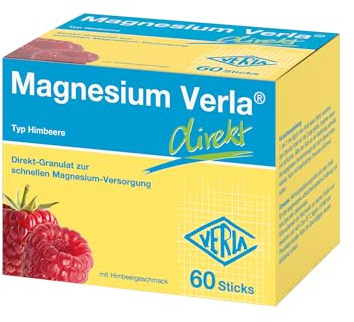 Magnesium Verla direkt Himbeere – 150 mg Magnesiumcitrat als praktische Direkt-Sticks, für eine schnelle Magnesium-Versorgung, ideal für unterwegs, zucker- & glutenfrei, 60 St