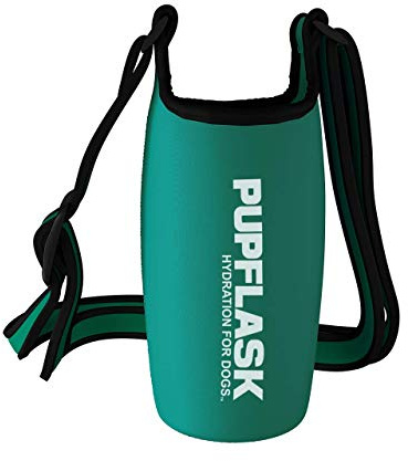 Tuff Pupper PupFlask - Portabotellas de Agua para Perros con Aislamiento de Neopreno y Correa Ancha Ajustable para el Hombro, Ideal para Viajes, Caminar, Verde Quetzal 27 onzas