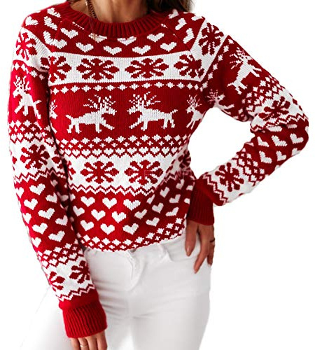 Geagodelia Pull Femme de Noël Hiver Chaud Manteau Tricoté Manches Longues Col Rond Impression de Cerfs et Flocons de Neige Rouge Élégant, rouge, XL