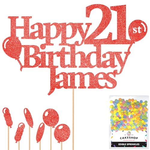 Personalised Happy Birthday Glitter Cake Topper with Balloons - Red Any Name Age Glitter Cake Decoration and Sprinkles - Happy Birthday Decorations - Personalised Toppers for Cakes by Cakeshop