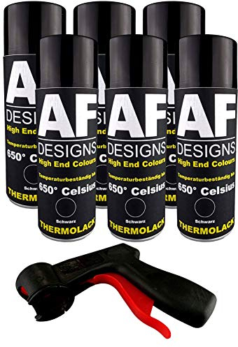 Alex Flittner Designs Thermolack Spray 6 Spraydosen Ofenlack Auspufflack plus Spraydosengriff schwarz Hitzebeständig 650 °C Schwarz 400ml Schützt Motor und Auspuff vor Rost