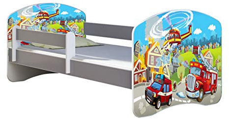 ACMA Kinderbett Jugendbett mit Matratze Grau mit Rausfallschutz Lattenrost II Spielbett Kinderzimmer Möbel (36 Feuerwehr, 160x80)