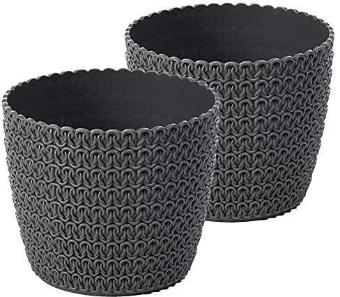 Tymar Blumentopf, 2er-Pack, runde Form, Übertopf, Häkeloptik (Anthrazit, ø 11cm)