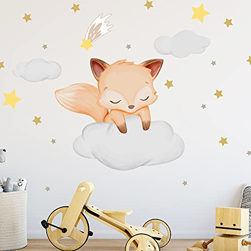 WANDKIND Fuchs auf der Wolke Wandtattoo V253 | handgezeichnet | AUFKLEBER Kindergarten | Wandsticker Kinderzimmer mit Wolken und Sterne Wolke Sleepy Eyes (40 x 40 cm)