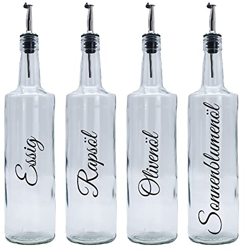 FLASCHE Olivenöl Rapsöl Sonnenblumenöl Essig 4x 1 Liter Flaschen Spender Set mit Edelstahl-Ausgießer und Beschriftung