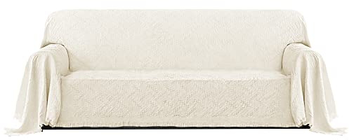 PureFit Geometric Jacquard Throw Sofa Cover - Textured Soft Washable Decorative Couch Covers for 3 Cushion with Tassels Furniture Protector for Pets, Kids (X-Large, Ivory)