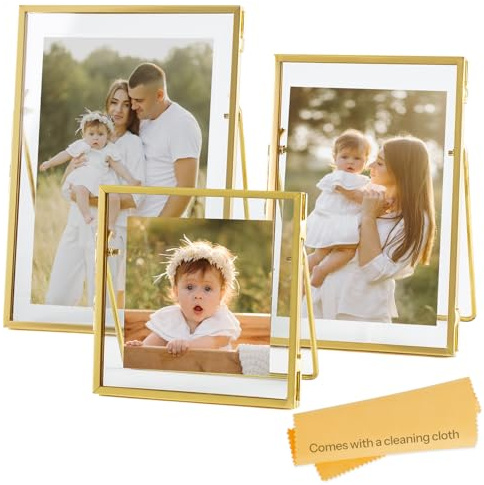Jajamy Set of 3 Glass Pressed Flowers Frame Collection, 4x4, 4x6, 5x7 Gold Metal Floating Standing Glass Picture Frames, Tabletop Pressed Glass Artwork Frame Home Decor Photo Display