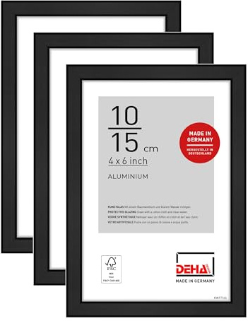 DEHA Design cadre photo, 10 x 15 cm (set de 3), aluminium, Noir mat, cadre photopour poserau format paysage et portrait, verre synthétique, Boston