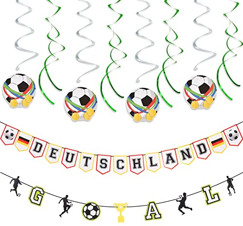 AhfuLife Fußball Geburtstag Party Deko Set für 2026 WM - 1 Stück Deutschland Flaggenkette, 1 Stück WM Deko Girlande Banner und 8 Stück Fußball Hängende Wirbel für Olympische Party Deko