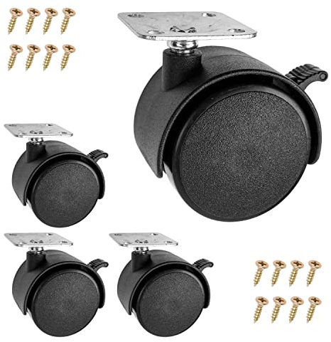 Set di rotelle per mobili, 4 pezzi, nero, rotella Ø 40 mm, altezza totale 53 mm, piastra avvitabile 38 x 38 mm con rotazione a 360°, rotelle girevoli da avvitare, portata 25 kg per rotella doppia