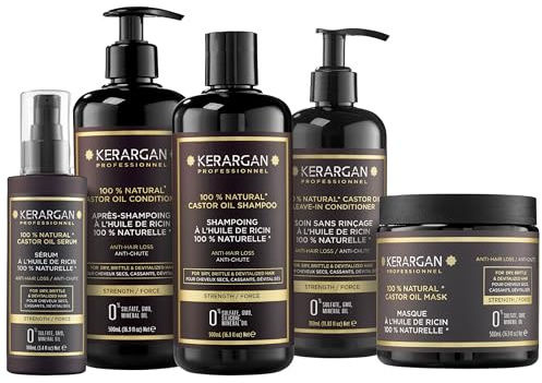 Kerargan - Ensemble Anti-Chute Shampoing, Après-shampoing, Masque, Sérum & Leave-In à l’Huile de Ricin pour Cheveux Abîmés - Soin Intensif Croissance - Sans Sulfate, Silicone - 3x500ml+100ml+350ml | Shampoing, après-shampoing, masque, sérum et soin sans rinçage, routine fortifiante complète
