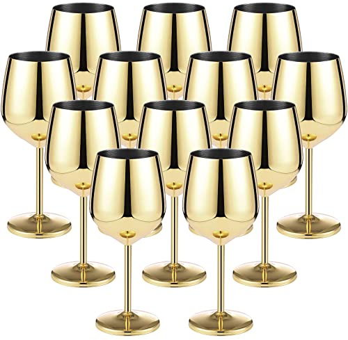 Confezione da 12 calici da vino in acciaio inox con stelo dorato, 510 g, infrangibili