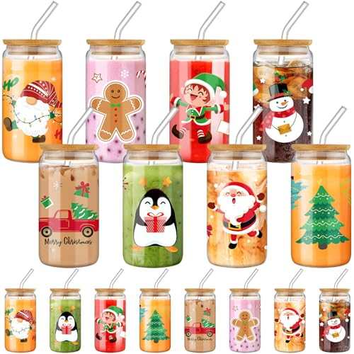 Sliner 16 Stück Weihnachtsglasbecher, 473 ml, Trinkgläser mit Deckel und Strohhalmen, Dosenform, Eiskaffeetasse, Einmachglas, Weihnachtsbecher, Trinkglas, Wasserglas für Frauen, Kinder, Männer,