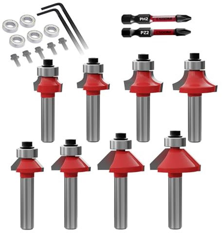 CSOOM 8 Stück 8mm schaft Fräser Set, Fasefräser und Abrundfräser, mit 2 Schlagmagnetspitzen und austauschbaren Kugellagern, Hartmetallfräser, Werkzeuge für die Holzbearbeitung