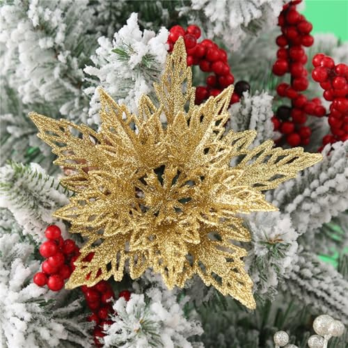 Martin Kench 12 Stück Glitter Weihnachtsbaum Dekoration, Schneeflocken Charms, Blumen Poinsettia Ornament, Christbaumanhänger (Gold)