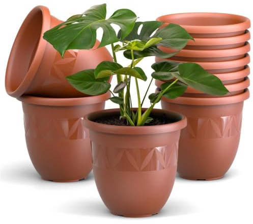 Plastard Übertopf 10er-Set Ø 24 cm Terrakotta, 5 Liter, Garten & Balkon | UV- und frostbeständiger Kunststoff. optionaler Drainageöffnung, Pflanzkübel für Innen- und Außenbereiche, Deko Blumentopf