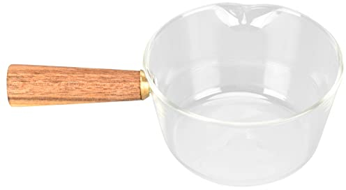Pentola per il Latte in Vetro con Manico in Legno, Beccuccio a V, Pentola per Tagliatelle Pentola per il Latte in Vetro Borosilicato Pentola Antiaderente Misurini in Vetro Brocca
