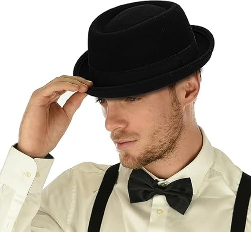 Klassischer Fedora-Hut aus der 1920er-Jahre, reine Wolle, Roll-Brim Pork-Pie, für Herren und Damen, knautschbarer Kurzbrirn-Kirchenhut, Bootsmütze, Schwarz-Tyle 2, Einheitsgröße
