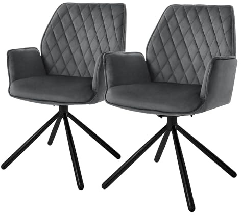 ML-Design matsalsstolar set om 2 antracit sammet, vardagsrumsstol med armstöd och ryggstöd, snurrstol bilposition, stoppad stol med metallben, ergonomisk snurrfåtölj, köksstol lounge stol