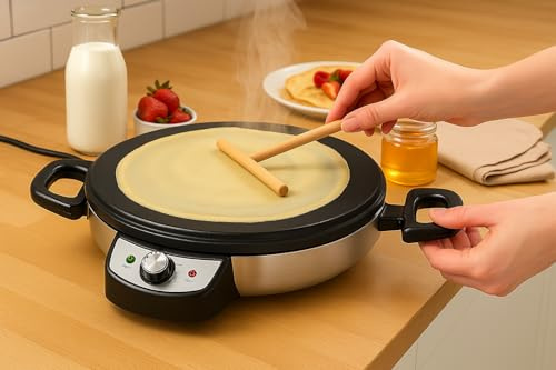 Fladenbäcker Modell KE1005: Leistungsstarker Crêpes Maker mit Edelstahlgriffen, Backfläche und Temperaturregler inklusive Thermostat