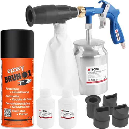 TECPO Druckluft Sandstrahlpistole + BRUNOX Roststopp Grundierungs-Spray, 400ml