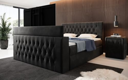 Boxspringbett Velano 180x200 Doppelbett Polsterbett Bett mit TV Lift und Stauraum | Bezug: Samt | Farbe: Schwarz | Härtegrad: H4 (100kg+)