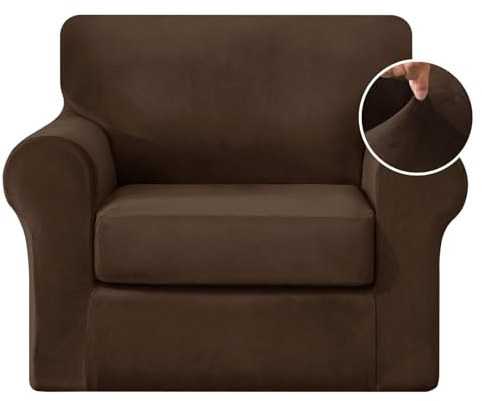 Huierxun 3 Pieces Velvet Stretch Armchair Cover Luxury 1 Seater Couch Cover with Backrest Cover and Cushion Cover with Elastic Band Washable Furniture Protector for Pets, Kids (Dark Coffee, Small)
