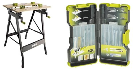 RYOBI - Etabli Pliable Orientable à 90° - Table Bambou 605 x 625 x 790 mm, 6,5 kg & 4892210113320 Métal Lame Scie Sauteuse, Bois, Multicolore