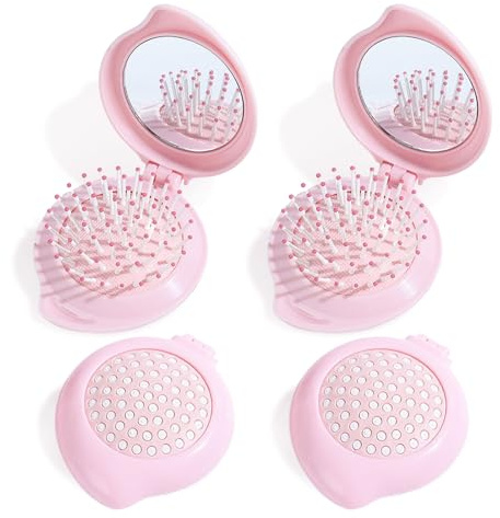 UILYNIU 4 Stücke Mini HaarbüRste Haarbürste mit Spiegel, HaarbüRste Klappbar, Taschenhaarbürste, Reise Haarbürste, Tragbare Haar Styling Werkzeuge, Haarmassagekamm Für Männer Und Frauen (Rosa)