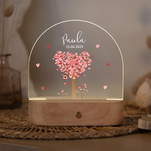 LILUNA® Personalisiertes Nachtlicht Mädchen dimmbar, kabellos, aufladbar - individuelle Nachtlampe Babys - Geschenk zur Geburt & Taufe (Baum Herzen)