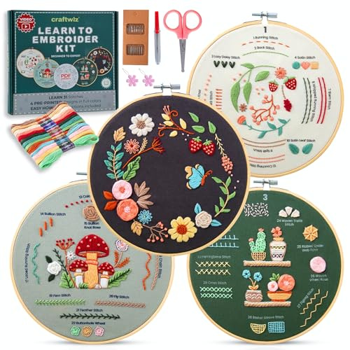 Craftwiz 4-teiliges Starter-Stickset für Anfänger mit einfachen Mustern, Sticken lernen 31 Stiche mit Handstickerei-Set