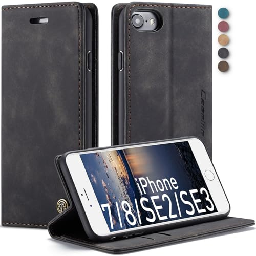 Lxisxcna für iPhone SE 2022/SE 2020 Hülle,Magnet Leder Klapphülle,Schwarz | Retro PU Leder,Kartenfach, Standfunktion, Schutzhülle, Flip Case, Handyhülle