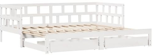 vidaXL Tagesbett, Bettsofa Ausziehbar mit Schubladen, Gästebett ohne Matratze mit Lattenrost, Ausziehbett Schlafsofa, Weiß 90x200cm Massivholz Kiefer