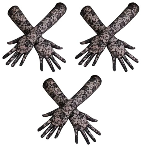 FUIPVGI 3 Paires de Gants Longs en Dentelle, Gants Longs Noirs Longueur Coude, Gants en Dentelle Florale, Manches Longues Fantaisie pour Dames d'Opéra pour Soirée, Fête d'Halloween (Noir)