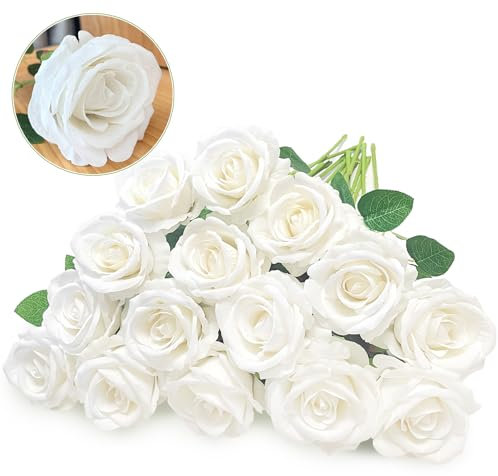 AROZEN Künstliche weiße Seidenrosen, 15 Stück, künstliche Rosen mit langen Einzelstielen, realistischer Blumenstrauß, weiße Blumenarrangements für Hochzeit, Heimdekoration, Büro, Garten, Grab, Party,