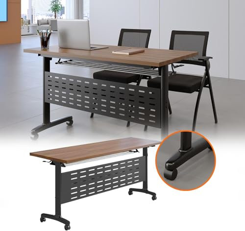 Faltbarer Konferenztisch aus Holz, Büro-Trainingstisch mit Rollen, Edelstahl-Bein und Holzschreibtisch, Gewichtskapazität, 104 kg, tragbarer Besprechungstisch für Büro (Schwarz/Dunkles Walnussholz,