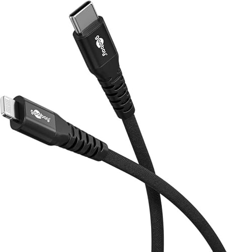 goobay Cavo flessibile in tessuto da USB-C a Lightning, 60 W, 1 m, 480 Mbits, cavo di ricarica USB C/Supersoft/cavo di ricarica rapida Apple, cavo USB tipo C, cavo in tessuto, nero, 74515