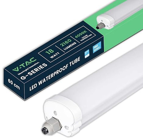 V-TAC Réglette LED Étanche 60 CM - 18W - Chip Samsung - Haute Luminosité - Plafonnier Lampe Rectangulaire 2160 Lumen IP65 pour Plafond, Garage, Magasin - Tube Led - Lumière 4000K Blanc Neutre